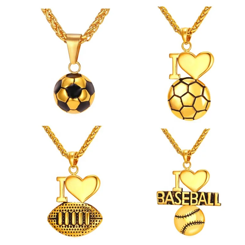 

I LOVE sports ball Pendant necklace For Men Boys Stainless Steel Football Soccer Basketball Jewelry