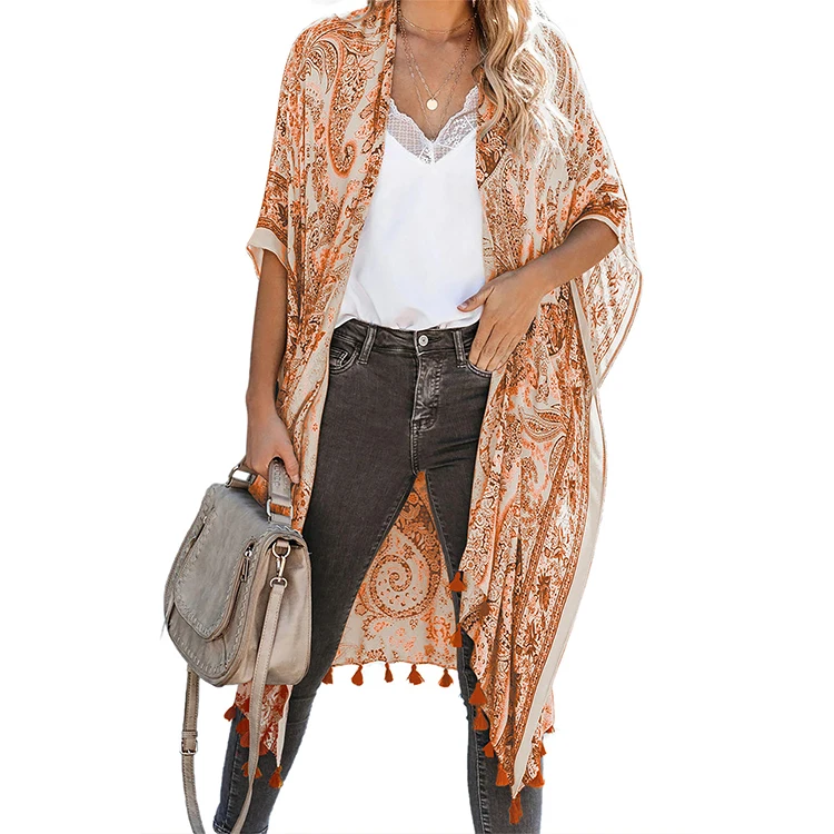 

Boho Anja Tassel Front Open Kimono Women Boho Beach Sexy Cover-ups with Side Slits Summer Swimwear, Shown
