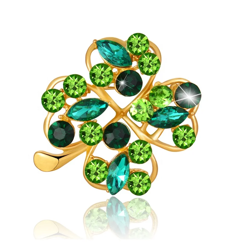 

Fashion Green Flower Crystals Gold Plated Brooch Pin Four Leaf Clover Type Brooch Pins For Women Jewelry