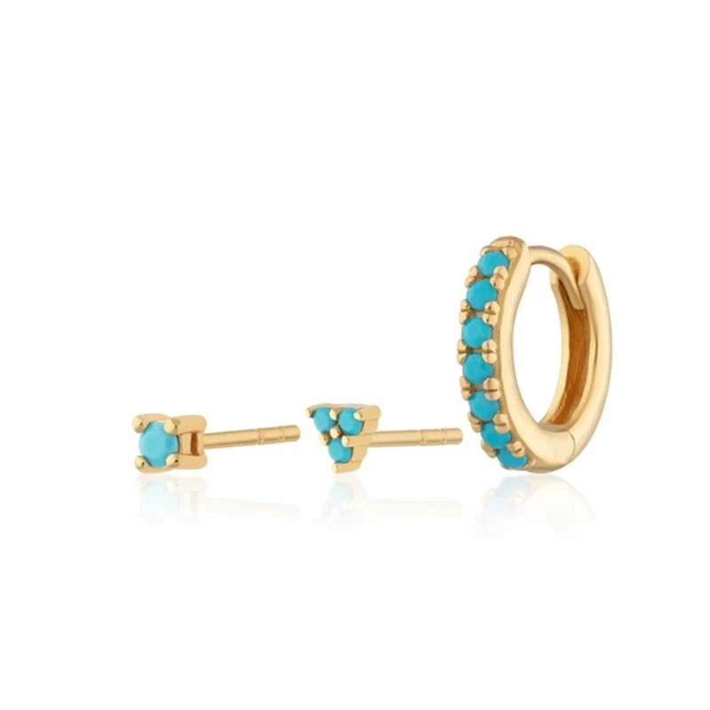 

3pcs/set S925 Sterling Silver European Style Fashion Turquoise Combination Multi-color Zircon Stud Earrings Jewelry