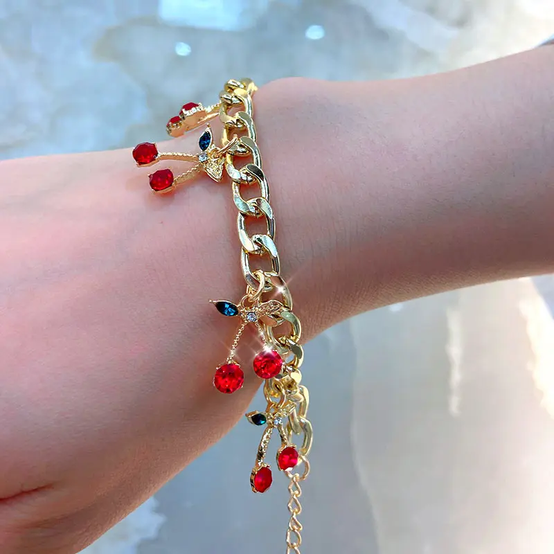 

Thick Chain Gold Silver Plated Red Pink Crystal Rhinestone Cherry Bracelet For Women Party Gift, Gold sliver