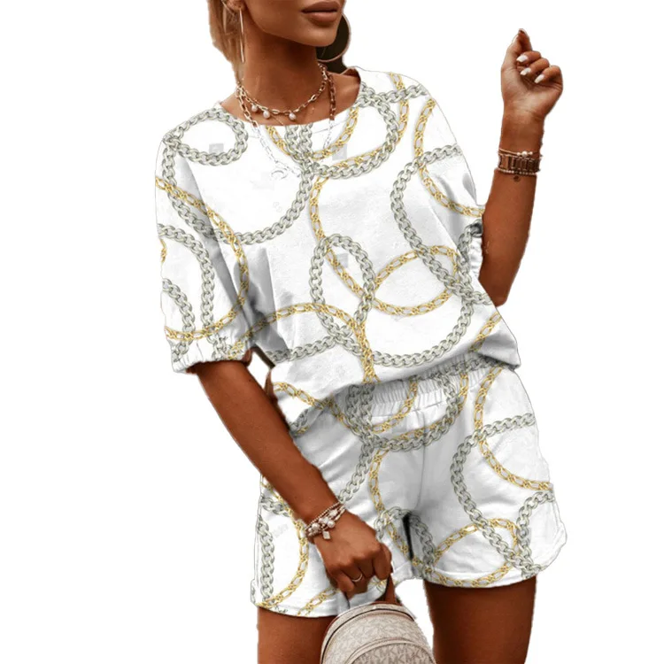 

2021 New Women's Casual Print Two Piece Shorts Set Plus Size Summer Somfy Short Sleeve 2PC Sets