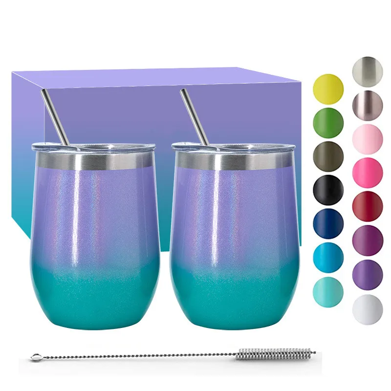 

Christmas Gift Hot Sell Ombre Glitter 12oz Double Wall Vacuum Stainless Steel Wine Tumbler With Lids Sublimation Mugs Blanks, Customized color stainless steel wine tumbler