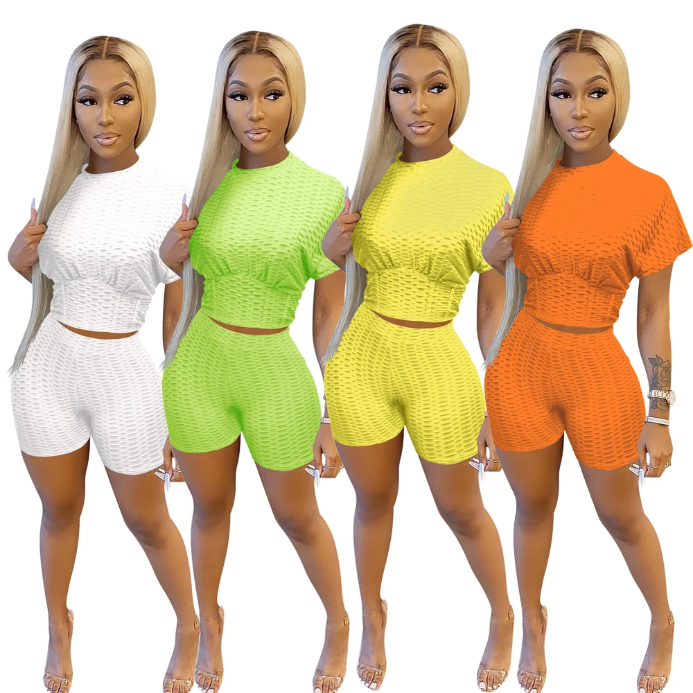 

BAZAI Short Sleeves O Neck Sport Waist Pineapple Lattice Three-dimensional Fabri 2021 Summer Outfits Womens Two Piece Jogger Set