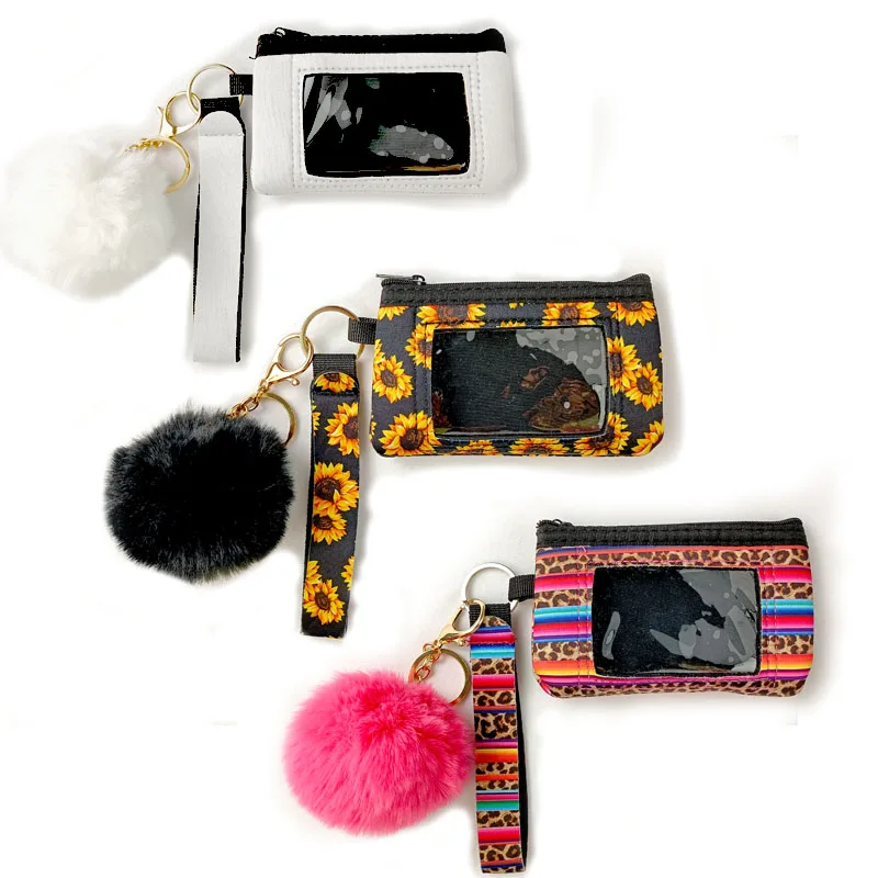 

Pom pom keychain accessories Custom credit card holder neoprene Zipper Wristlet Pouch