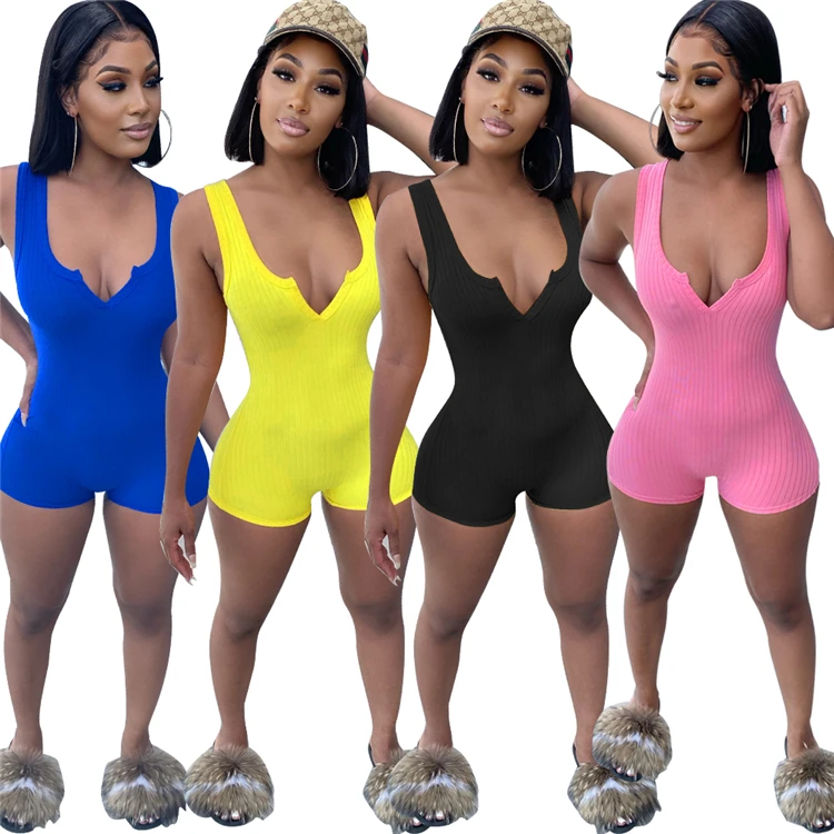 

Summer Ladies One Piece Jumpsuits Sleeveless V Neck Home Wear Women Shorts Rompers, Picture