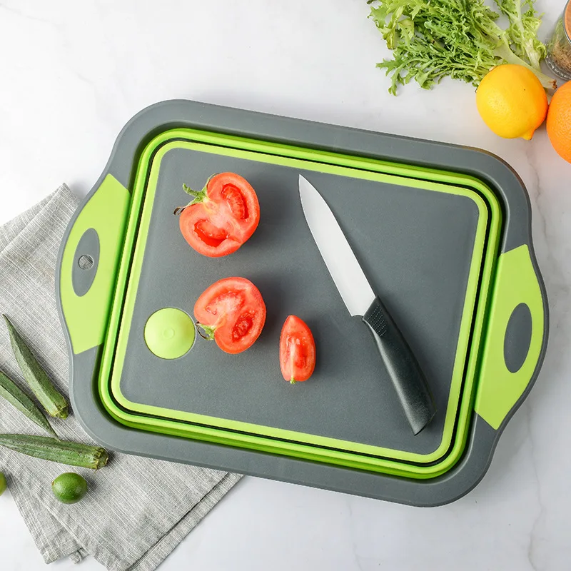 

Amazon Hot Sale Multi-purpose 3 in 1 Function Plastic Collapsible Cutting Board with Colander, Picture