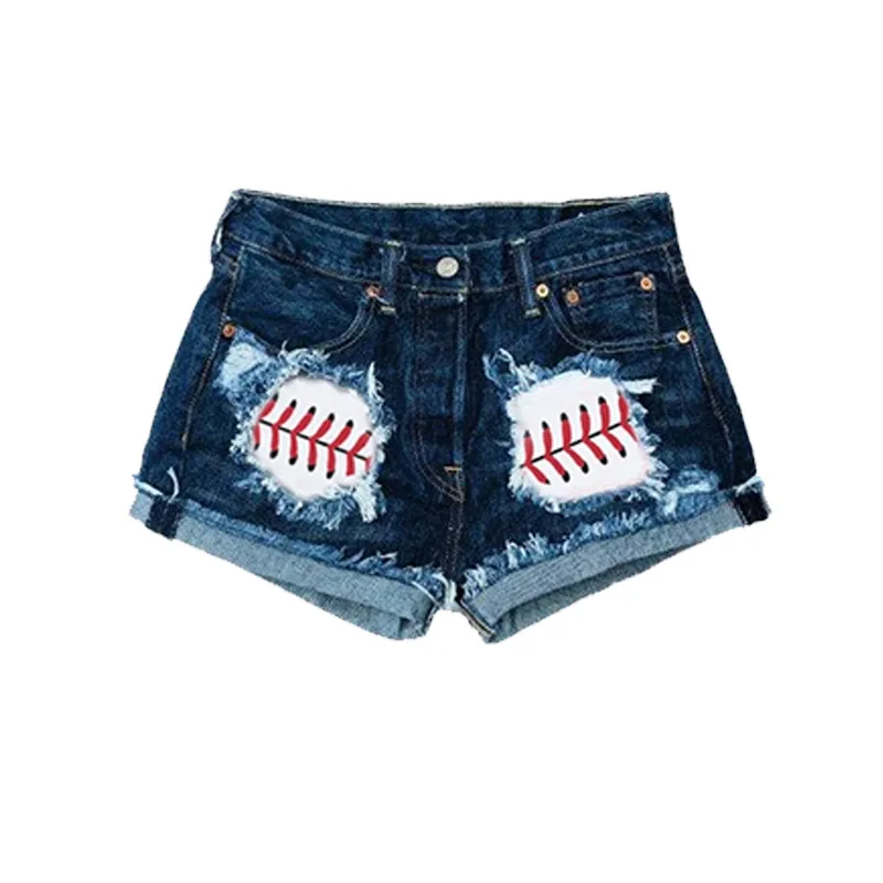 

Wholesale Monogrammed Woman's High Waisted Denim Shorts-Merica/Patriotic shorts Patched Baseball Shorts