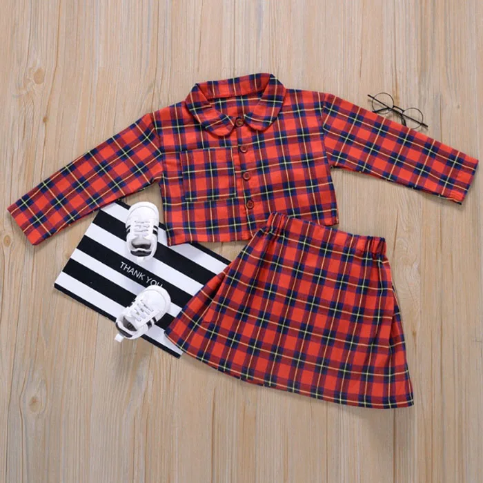 

2020 Autumn New Korean Long Sleeve Red Plaid Shirt And Skirt Two-Piece Kids Girls Clothes Set, Picture color