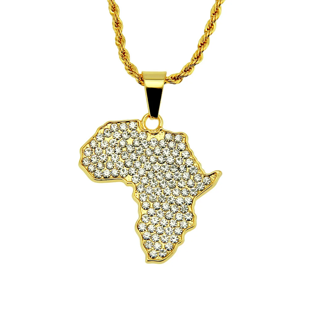 

Aug jewelry Hot Selling Hip-hop Personality Iced Out Crystal Rhinestone African Map Pendant Necklaces Alloy Charm Long Chain