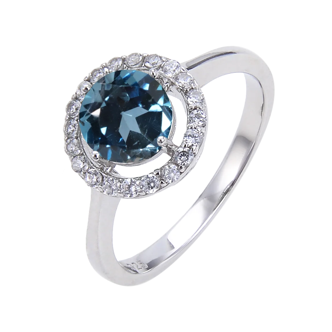 

Abiding Halo Engagement Rings 10mm Round Natural London Blue Topaz 925 Sterling Silver Ring With Customize Gemstone Service