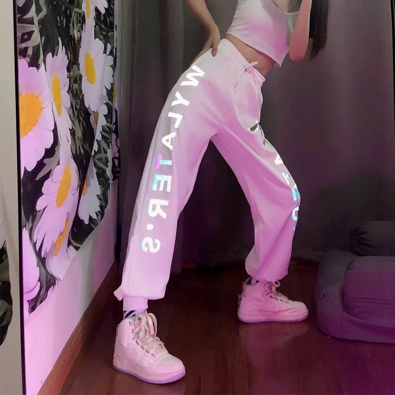 

2021 Reflective Sweatpants Women Harajuku Jogging Sports Pants Baggy Street Style Oversize Joggers Trousers Summer, Black,white