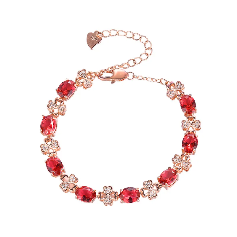 

Rose Gold Plated Copper Alloy Women Jewelry Clovers Charm Red Zircon Jewelry Silver Crystal Women Bracelet