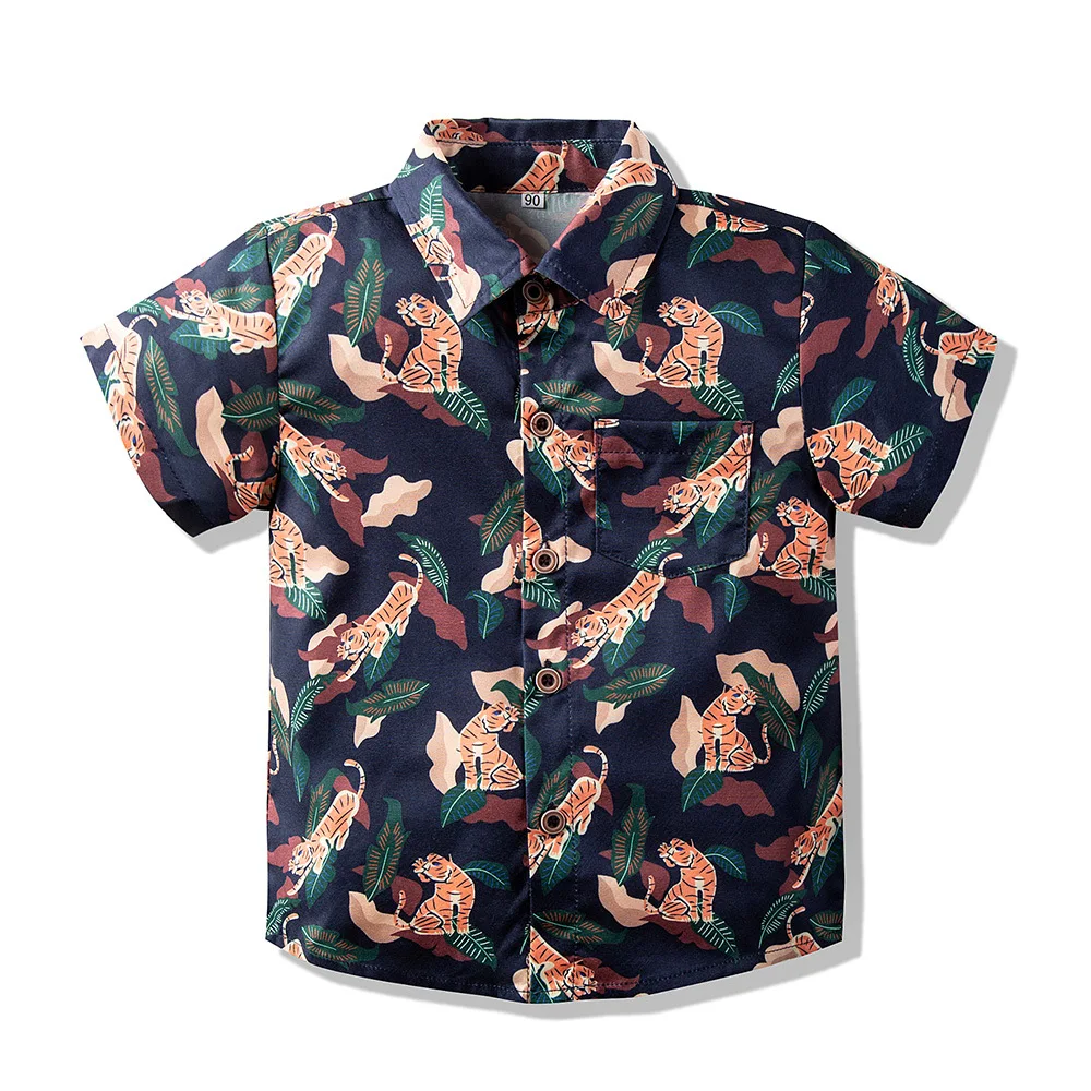 

Summer Boys Full Print Tiger Short Sleeve Lapel Shirt