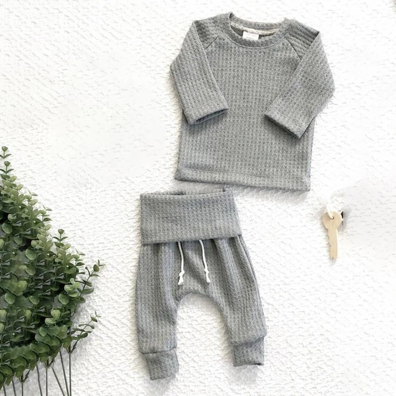 

2pcs Baby Rib Baby Pants Suit Lounge Wear Kids Clothes Sets High Waist Warm Harem Pants Waffle Long Sleeve Unisex Boys Set