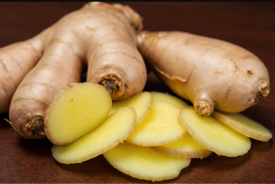 Fresh ginger root and prepared ginger slices next to Asian cooking ingredients for ginger cafe and grill concept