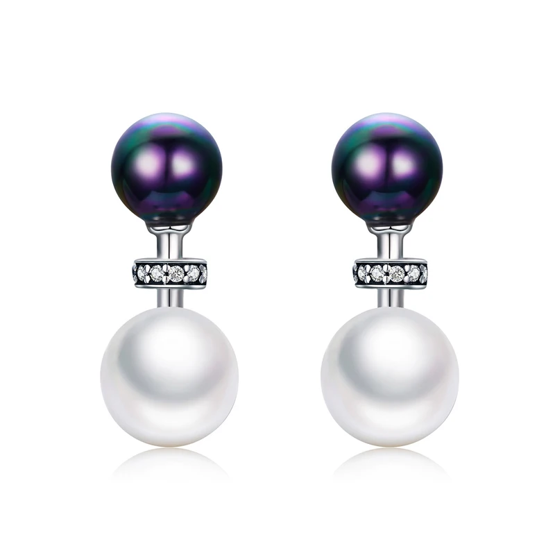 

Fashion Women Sterling Silver Design Black White Pearl-shaped 925 Sterling Silver Stud Earrings for Ladies