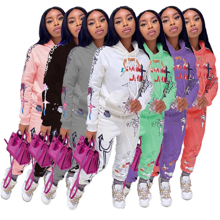 

M004 Casual ladies graffiti hoody sweatshirt outfit two piece women sweat suits set