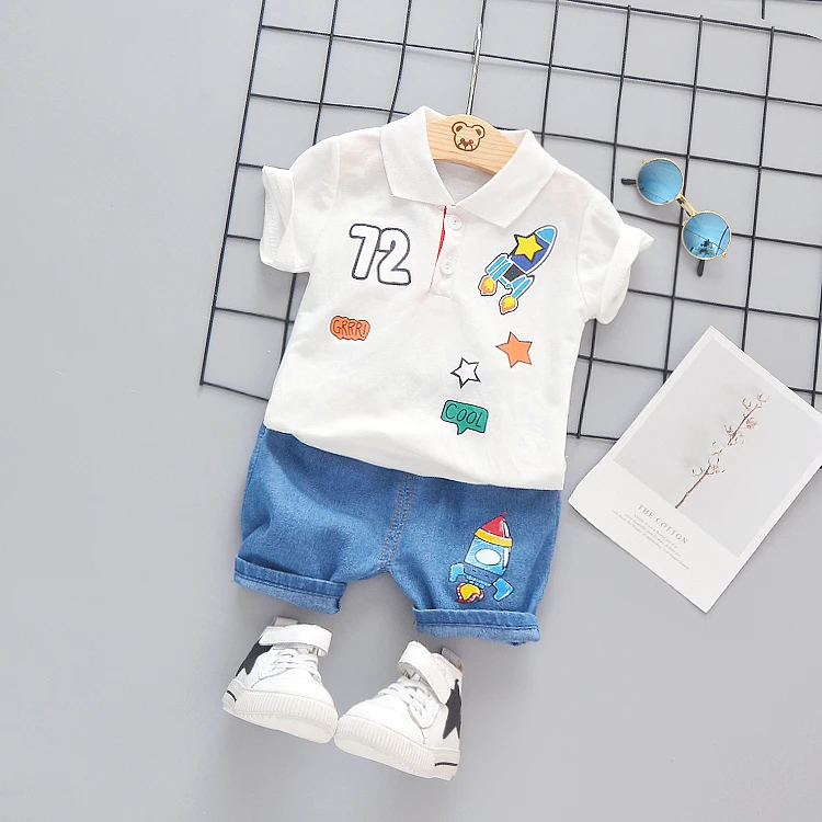

Hot style boys Polo shirt printed pattern + denim shorts fashion casual boys summer clothing, Picture shows