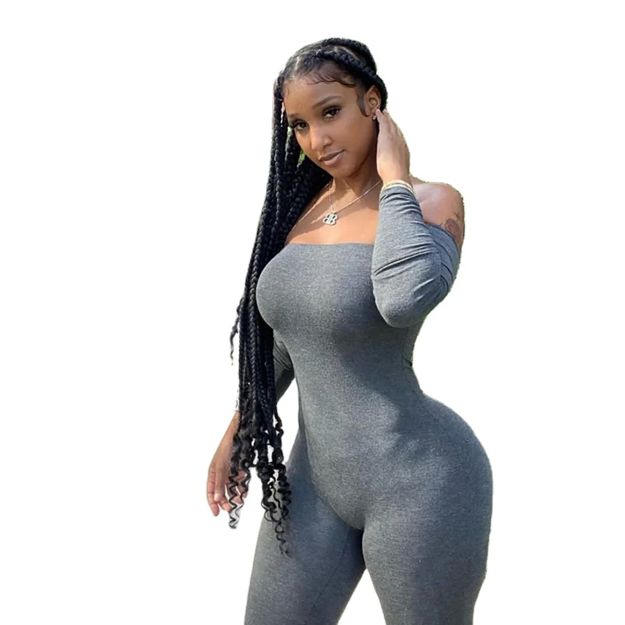 

Wholesale Basic Stretchy Women Jumpsuit 2020 Fall Casual Solid Slash Neck Adjustable Sleeve Backless Rompers Female Sporty Outfi