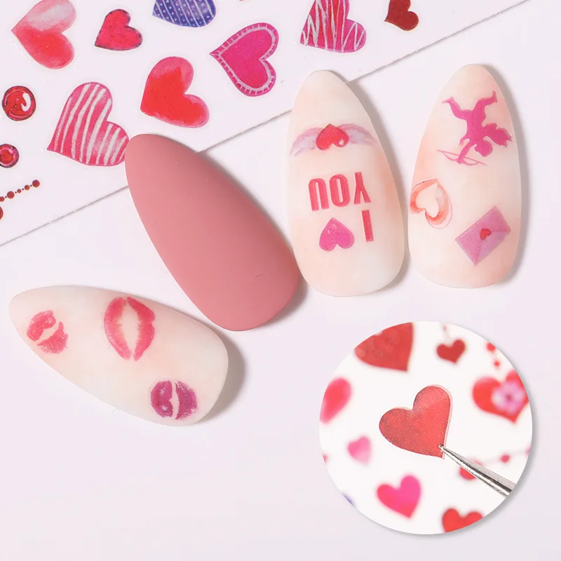 

2021 Nail art decoracion Valentine's nail art Heart red lips series sticker nails art 3D gift for girls, Colorful