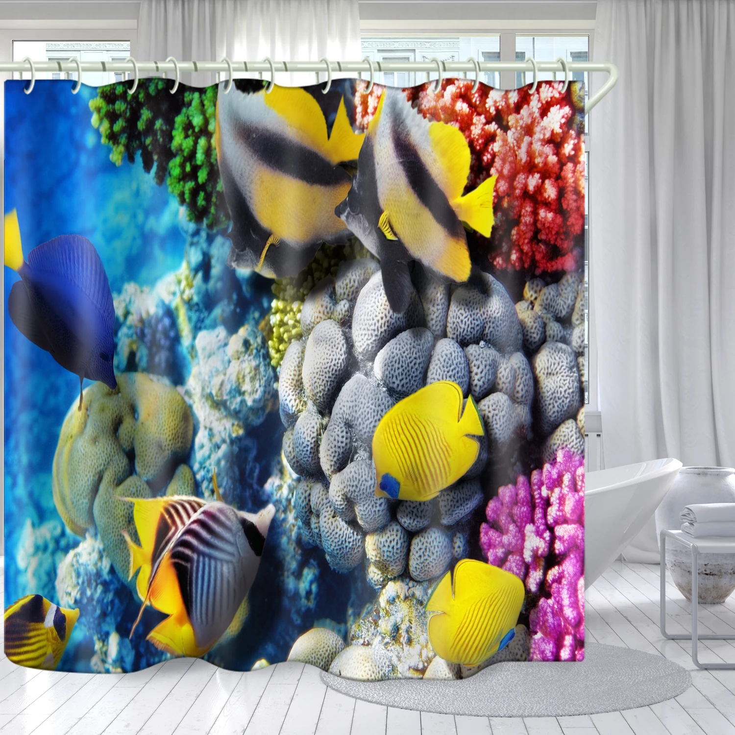 

183 x 183cm waterproof cloth lining cover bathtub bathroom curtain yellow coral fish custom printing shower curtain, Picture