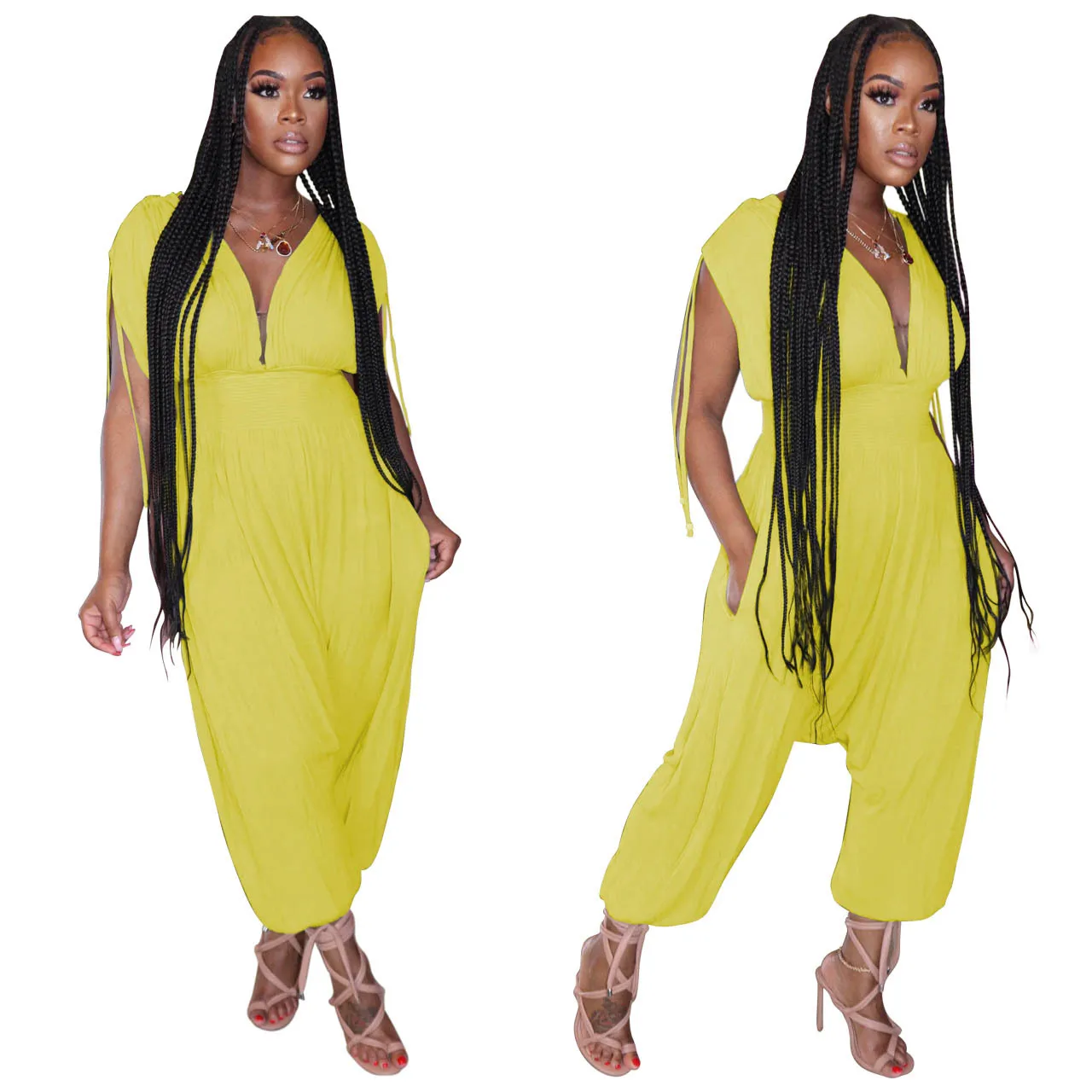 

20701-MX34 Harem pants v-neck loose pocket jumpsuits women 2020 sehe fashion