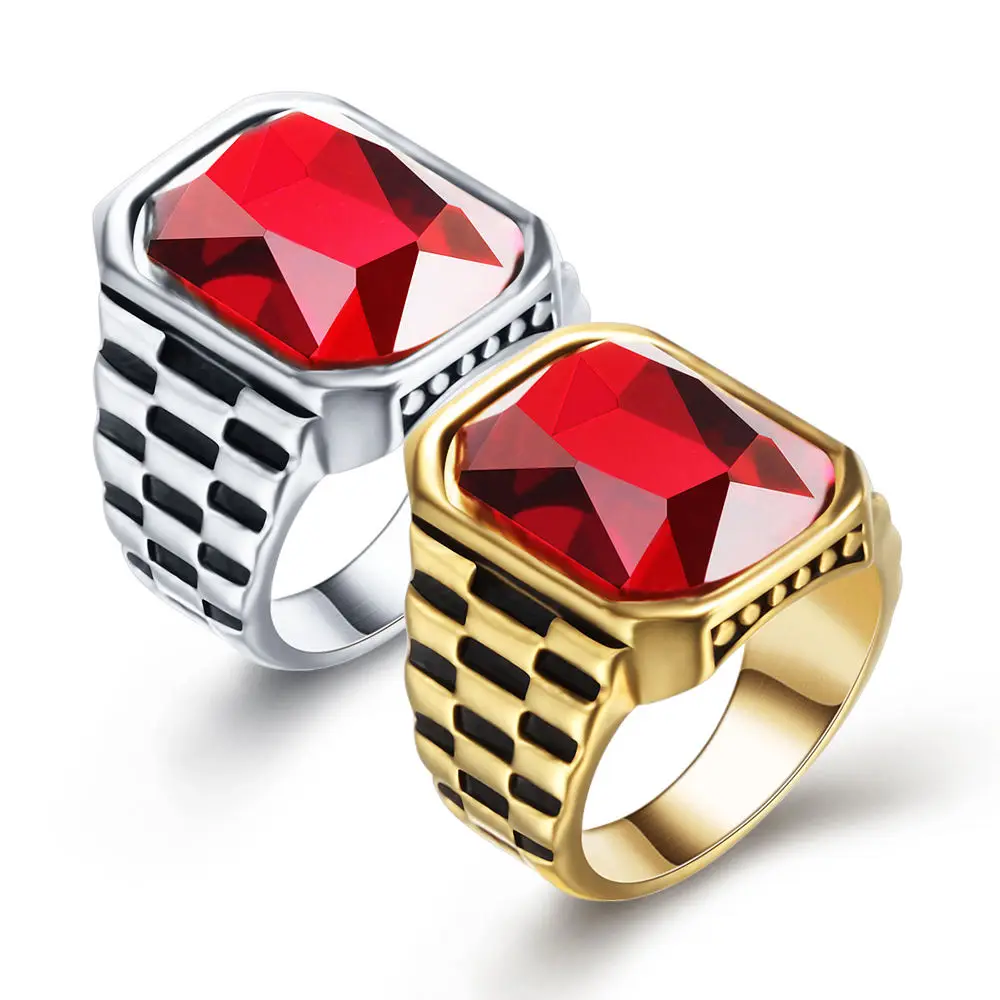 

Luxury Man Punk Rings Vintage Ring 316L Stainless Steel Red Gem Stone Fashion Men Jewelry