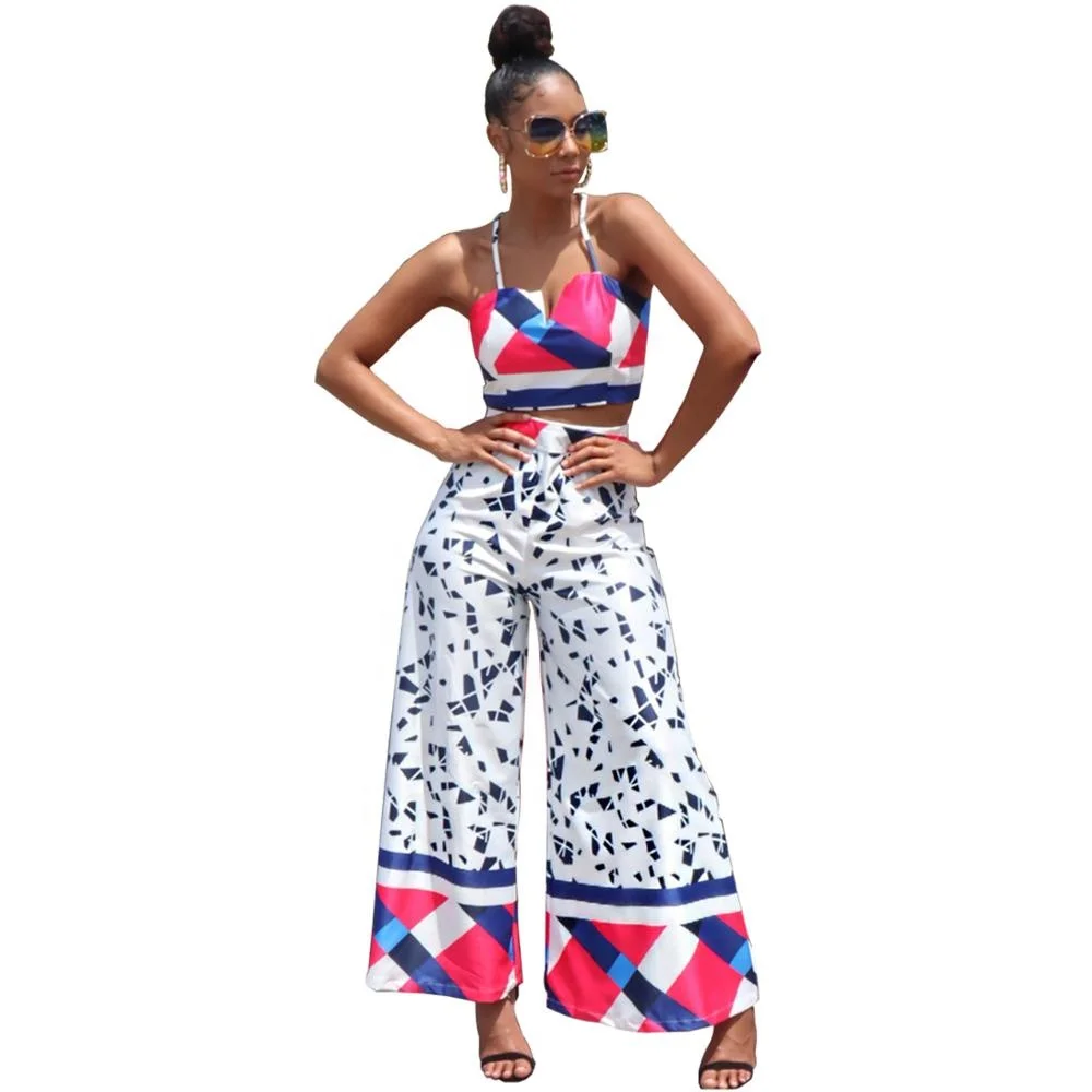 

B61210A 2019 Indian Style Summer Fashion Women Short Sleeve Off Shoulder Top Long Wide Pants 2 Pieces Set, Rose madder/white