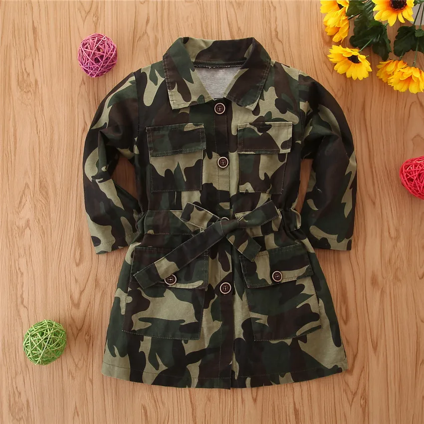 

New arrival Girls Camouflage printed jacket Kids Toddler Belt dust coat Outwear Overcoat, Picture