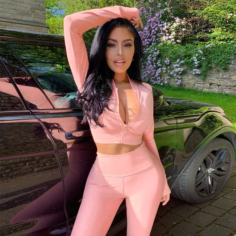 

Sporty Casual Patchwork Women Two Piece Set Long Sleeve Workout Active Wear Outfits Zipper Top And Leggings Sets Hot Yoga Set