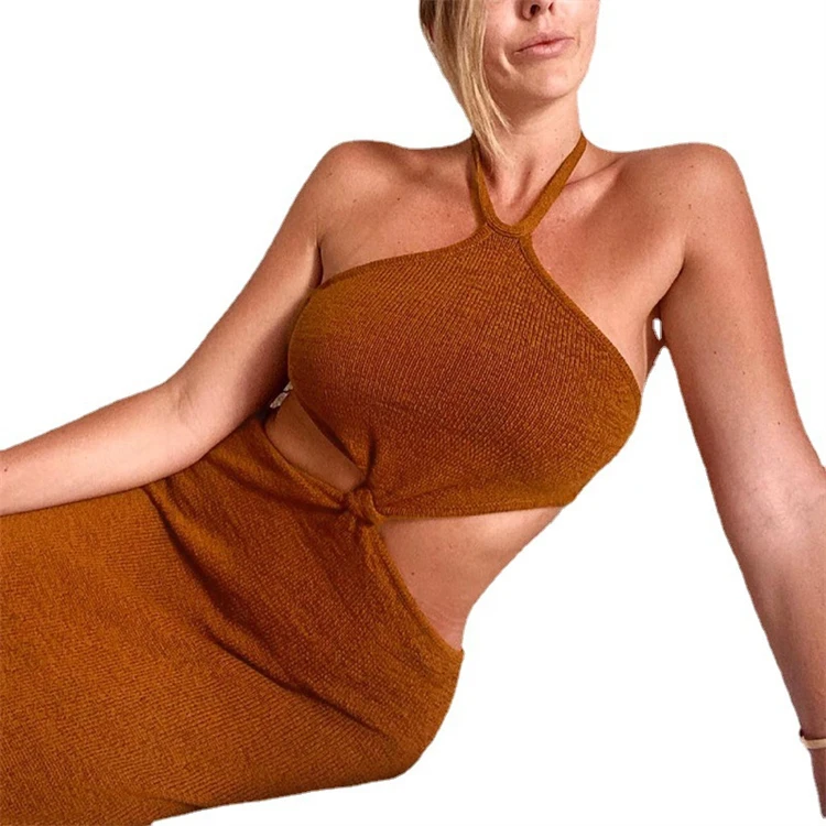 

2021 women's summer hanging neck halter dress sexy hollow out backless slim maxi dress