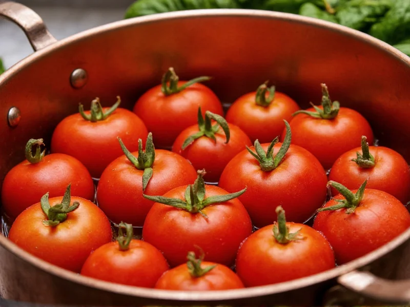 Fresh tomatoes simmering in copper pot with basil stems