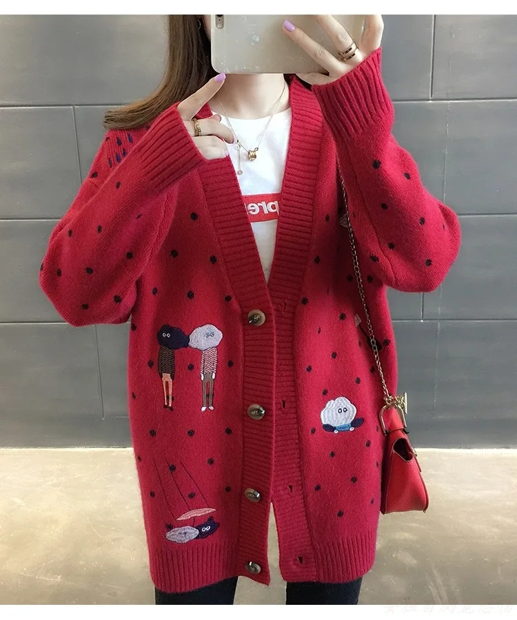 

Spring autumn new Korean ladies girls thin knitted long v-collar cartoon sweater cardigan loose for plus size