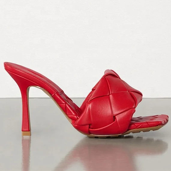 

Leather Knitting Women High Heels Slippers Square Open toe Sandals Thin Heels Pumps Shoes, Black white apricot blue