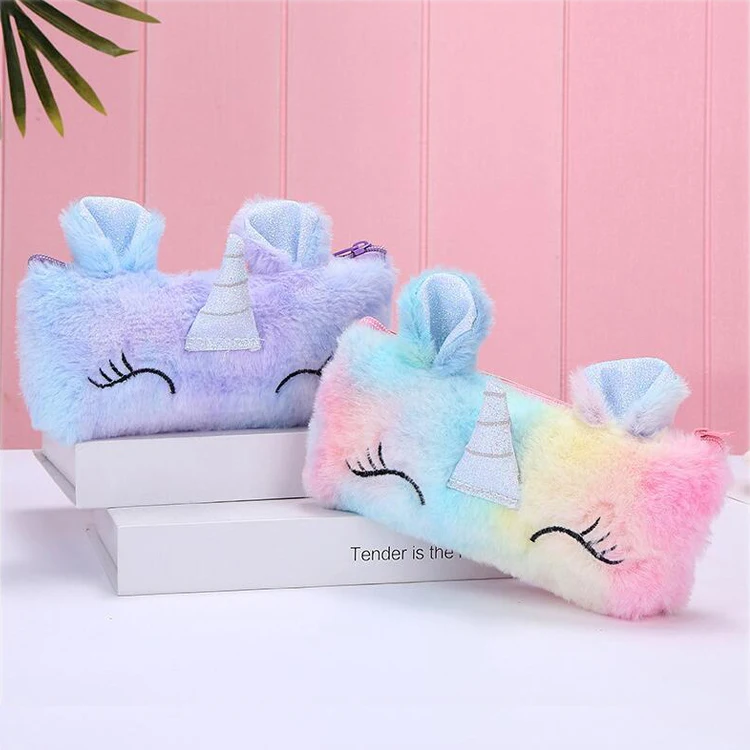 

cute girls cartoon pu leather cosmetic makeup bag pen organizer trousse scolaire plush dog animal kids kawai pencil case, Pink,blue