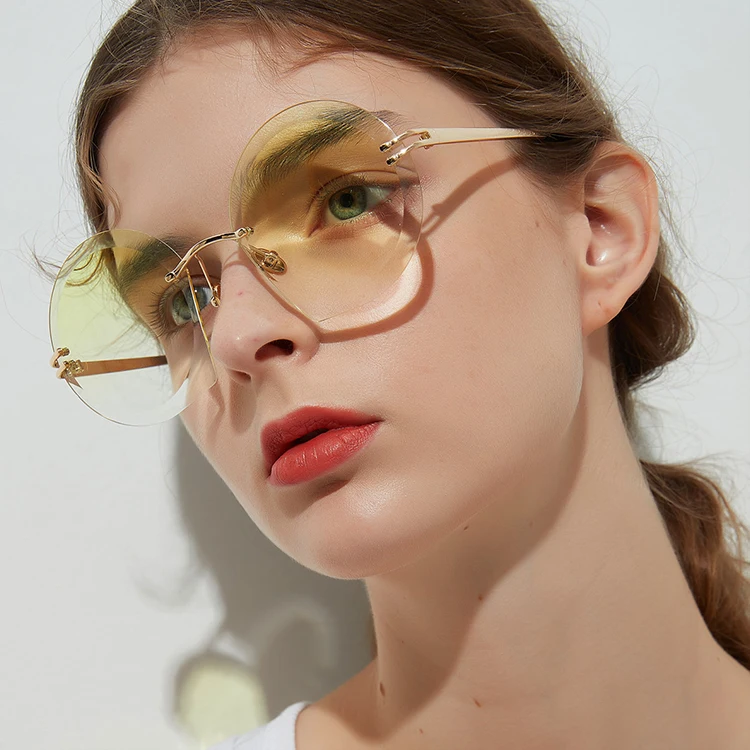 

SKYWAY Ready Made Frameless Big Round Sunglasses Vintage Women Men Yellow Lens Circle Sun Glasses UV400