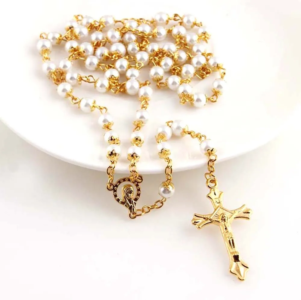 

New Arrival Luxury Gold Silver Cross Rosary Necklace Vintage Wedding Acrylic Pearl Necklace Fashion Rosary Necklace for Women