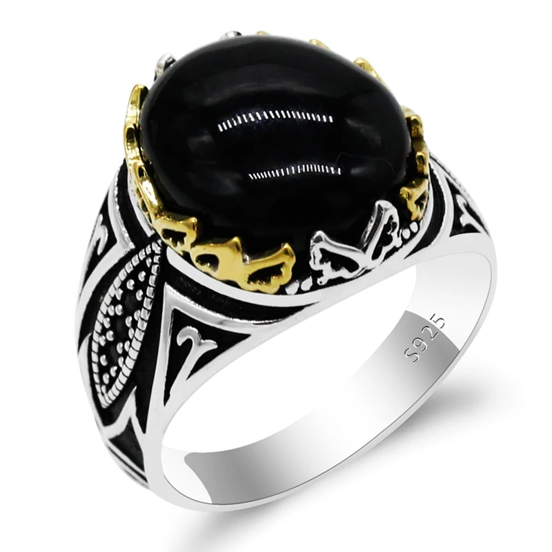 

925 Sterling Silver Male Ring with Natural Black Agate Stone Rings Golden Crown Retro Design for Men Turkish Jewelry