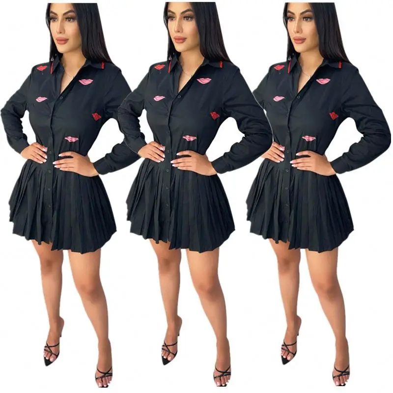 

Autumn and winter long-sleeved pleated shirt dress casual sexy dress