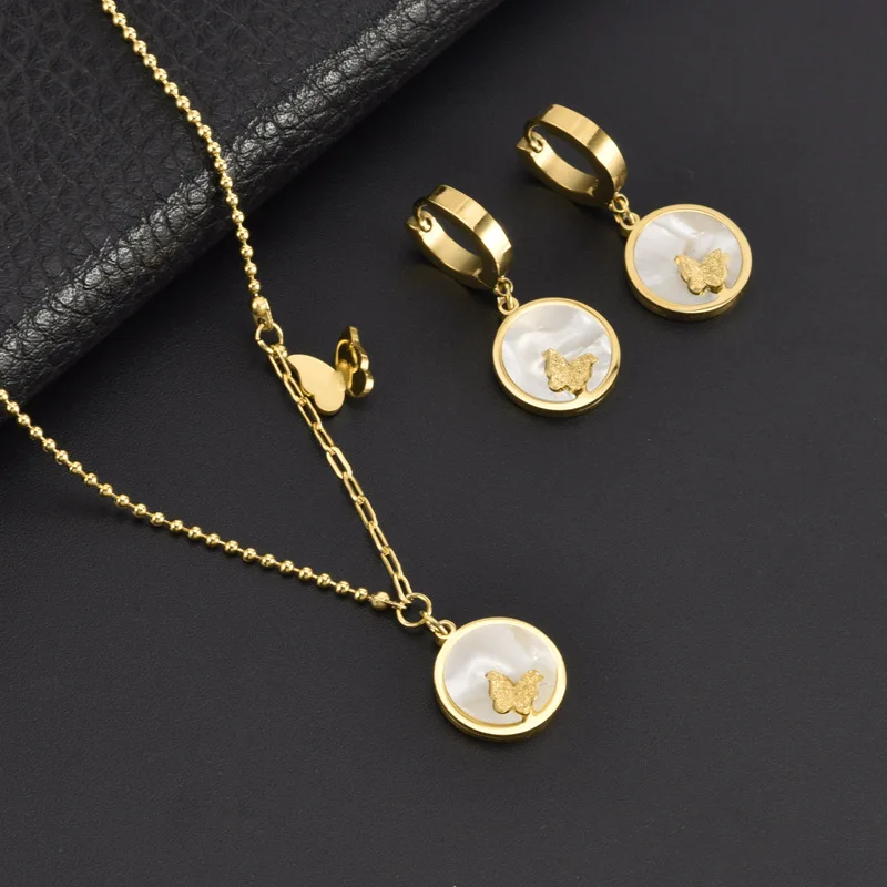 

Fashion Butterfly Jewelry Set Gold Stainless Steel Butterfly Shell No Allergy Earrings Tarnish Free Necklace