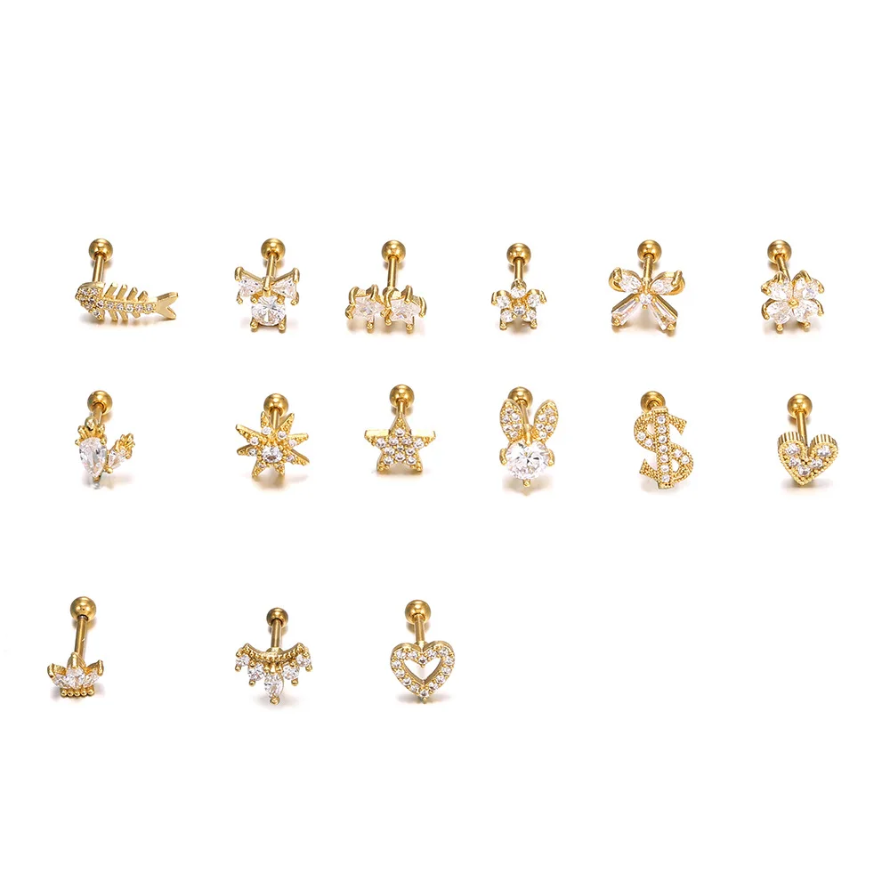 

18k Gold Plated Brass Cooper CZ Stone Hoop Piercing Letter Stud Fashion Earrings For Women 2021, Customized color