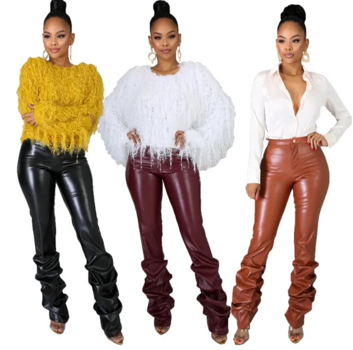 

Fall Fashion Solid Color Elastic High Waist Ruched Pants Sexy Pu Pants Leather Pant Casual Stacked Trousers