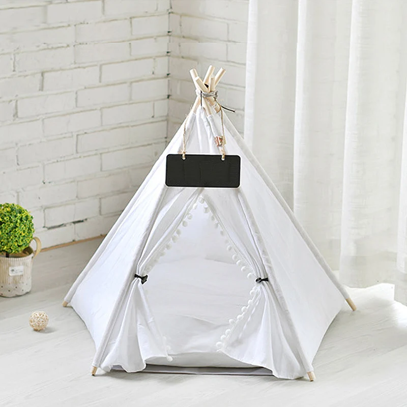 

Cat with Cushion Blackboard, Portable Dog Tents & Houses, Wood Canvas Tipi Fold Pet Tent Small Animals Bed