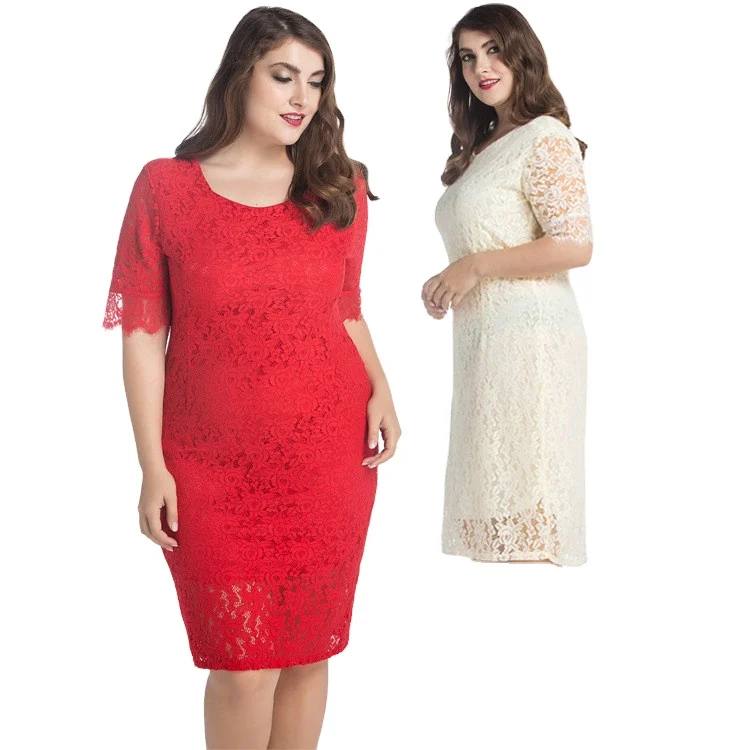 

T-D093 Custom Label Pencil Style Wedding Fat Women Lace Elegant Plus Size Dress, White,red