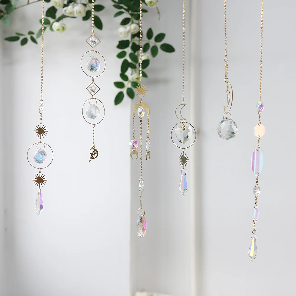 

Dream Catcher Home Wall Decor Glass Crystal Star Moon Windchime Sun Light Catchers Charms Ornaments Metal Crafts, Multi color