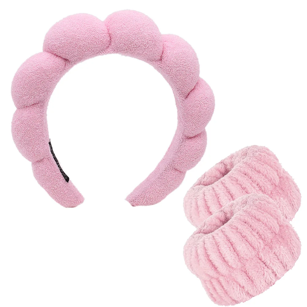

3pcs Set Makeup Tools Custom Facial SPA Headband Makeup Twisted Sponge Hairband Flannel Wristband With Private Label