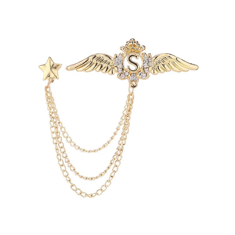 

Personalize Punk Style Muslim Scarf Hijab Gold Plating Star Pin Brooches Metal Long Tassel Link Chain Large Wings Brooch, Picture color