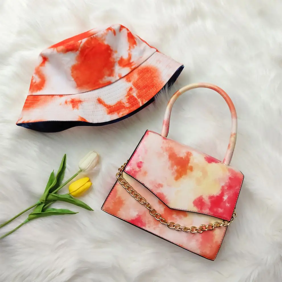 

2021 Tie-dye Handbags Hat Sets New Messenger Bag SAC A Main Matching Bucket Hats and Purse Set Women Wholesale, Yellow, red, green, black, pink