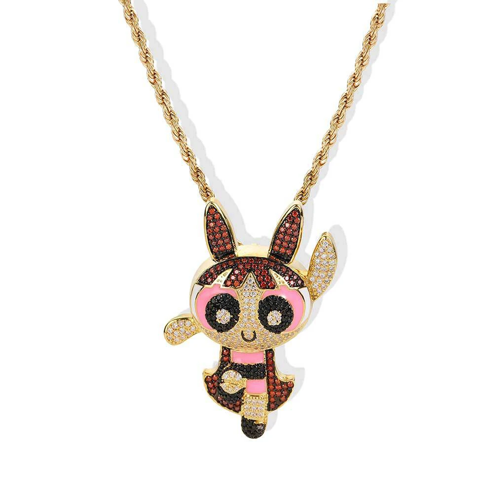 

New Hip Hop Jewelry Micro Insert Zircon Cartoon Pendants Powerpuff Girls Best Friend Pendant Necklace
